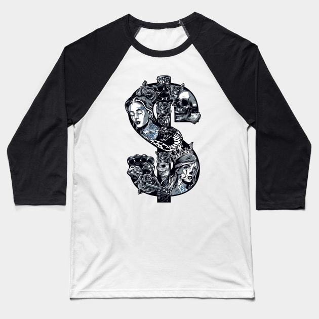 Posada Day of the Dead Outlaw, Dia De Muertas (Dollars &amp;amp; Guns) Baseball T-Shirt by RedoneDesignART